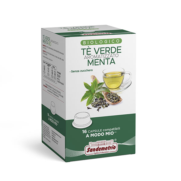 Sandemetrio Tè verde aromatizzato menta (Tè pregiato biologico - astuccio da 16 capsule compatibili Lavazza a Modo Mio)