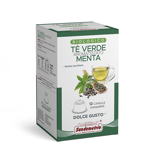 Sandemetrio Tè verde aromatizzato menta (Tè pregiato biologico - astuccio da 12 capsule compatibili Nescafè Dolce Gusto)