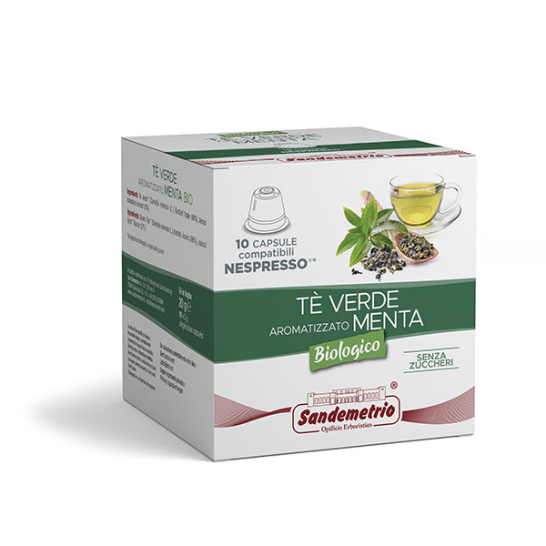 Sandemetrio Tè verde aromatizzato menta (Tè pregiato biologico - astuccio da 10 capsule compatibili Nespresso)